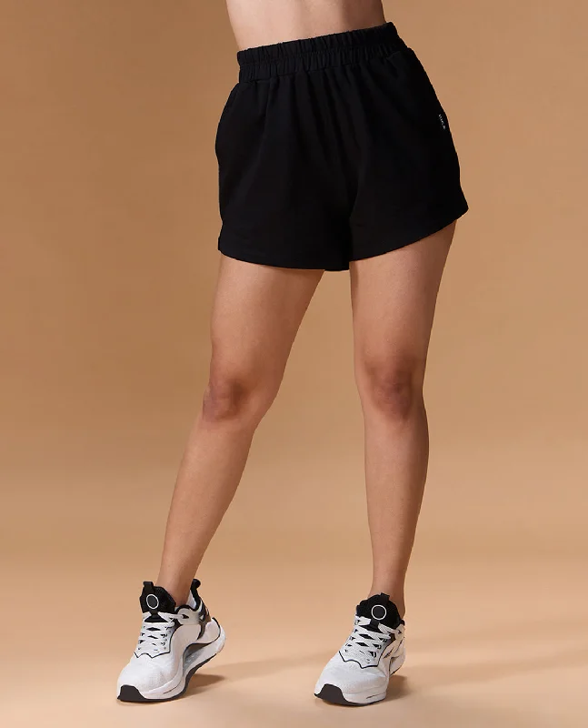Yoga Shorts for Running and Yoga Practice -Kica Cotton Mid Rise Terry Shorts Black