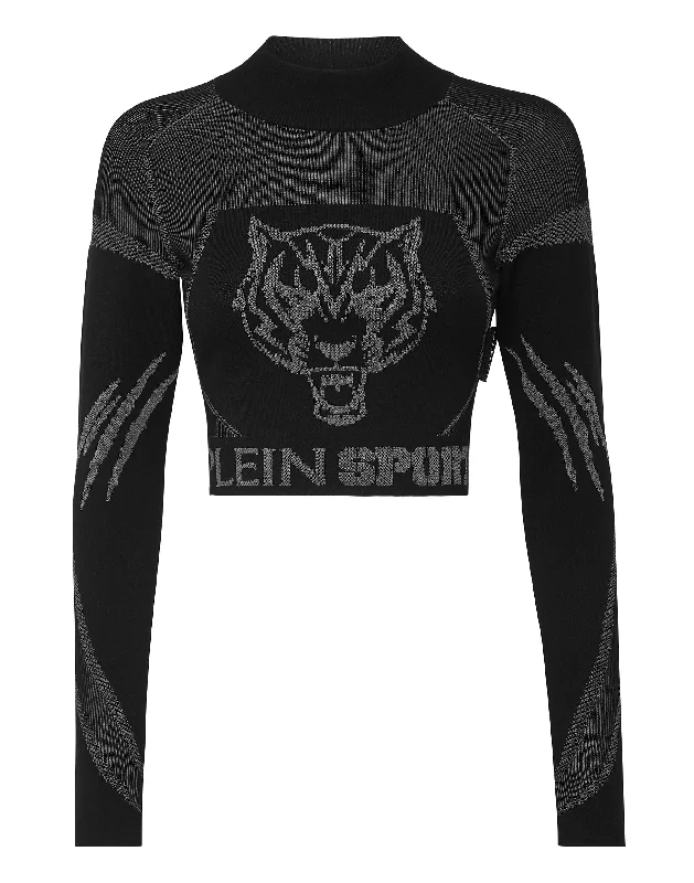Women's Yoga Tops for Outdoor Activities -Knit Jacquard Cropped Top LS