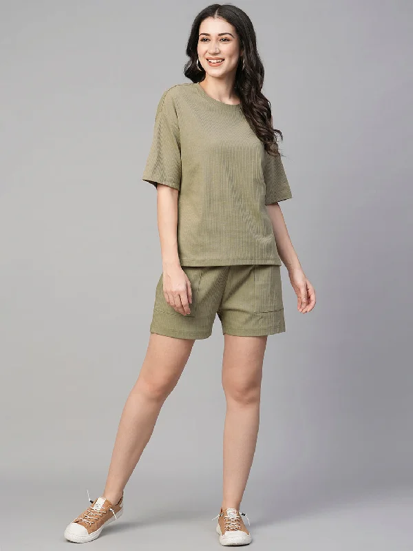 Breathable Yoga Shorts -Women's Khaki Cotton Elastane Regular Fit Knit Shorts