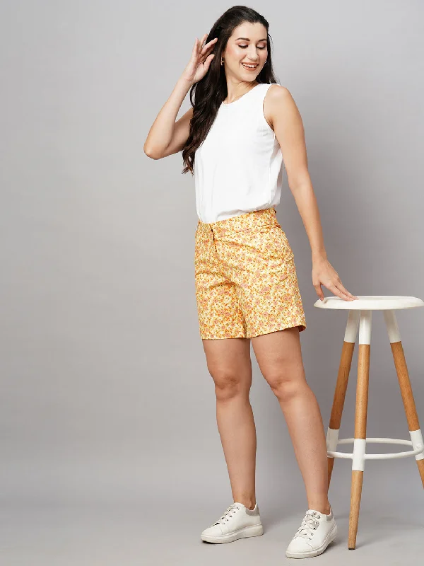 Women's Yoga Shorts for Flexibility -Women's Yellow Cotton Lycra Regular Fit Shorts