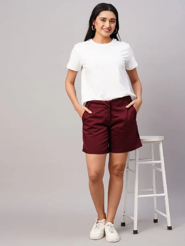 High-Waisted Yoga Shorts for Yoga -Women's Maroon/Red Cotton Lycra Regular Fit Shorts