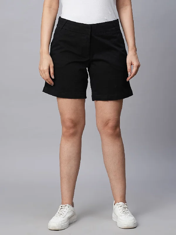 Comfortable Yoga Shorts for Movement -Women's Black Cotton Lycra Regular Fit Shorts