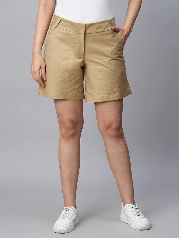 Comfortable Yoga Shorts for Flexibility -Women's Khaki Cotton Lycra Regular Fit Shorts Comfortable Yoga Shorts for Flexibility -Women's Khaki Cotton Lycra Regular Fit Shorts