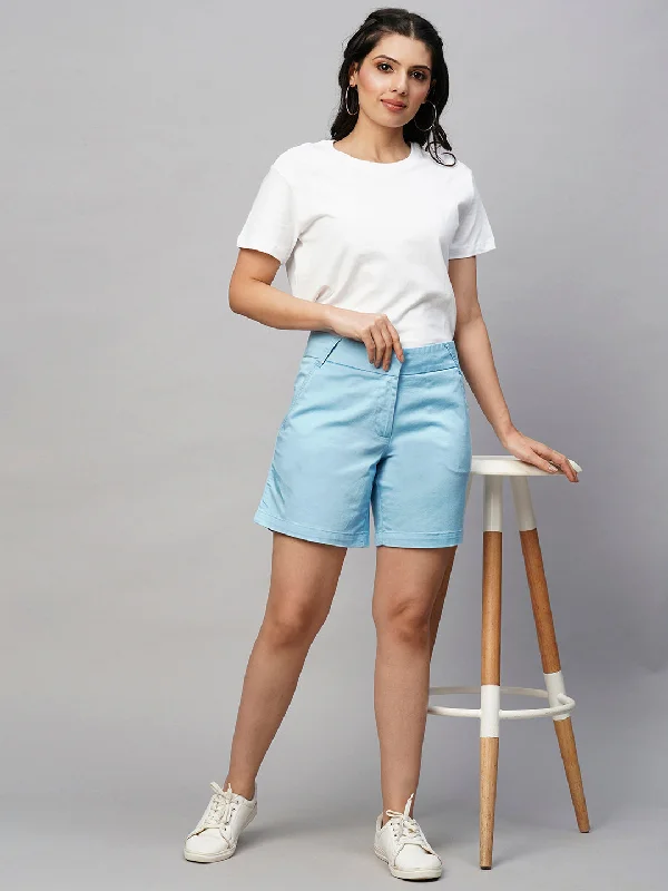 Yoga Shorts with Tummy Control -Women's Blue Cotton Lycra Regular Fit Shorts