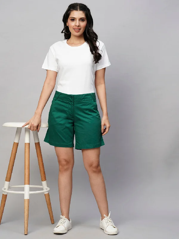 Yoga Shorts for Performance -Women's Green Cotton Lycra Regular Fit Shorts