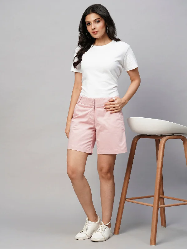 Yoga Shorts for Daily Wear -Women's Pink Cotton Lycra Regular Fit Shorts