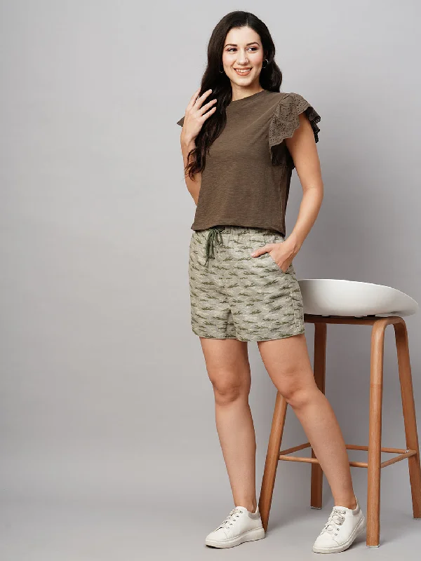 Flexible Yoga Shorts for Movement -Women's Olive Linen Viscose Regular Fit Shorts