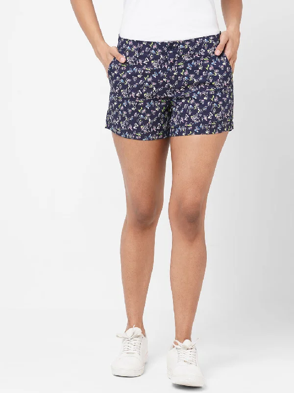High-Waisted Yoga Shorts with Tummy Control -Women's Navy Cotton Lycra Regular Fit Shorts High-Waisted Yoga Shorts with Tummy Control -Women's Navy Cotton Lycra Regular Fit Shorts