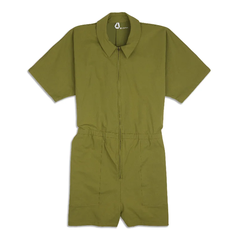 Women's Yoga Tops with Mesh Panels -LAB Zip-Front Collared Romper - Resale