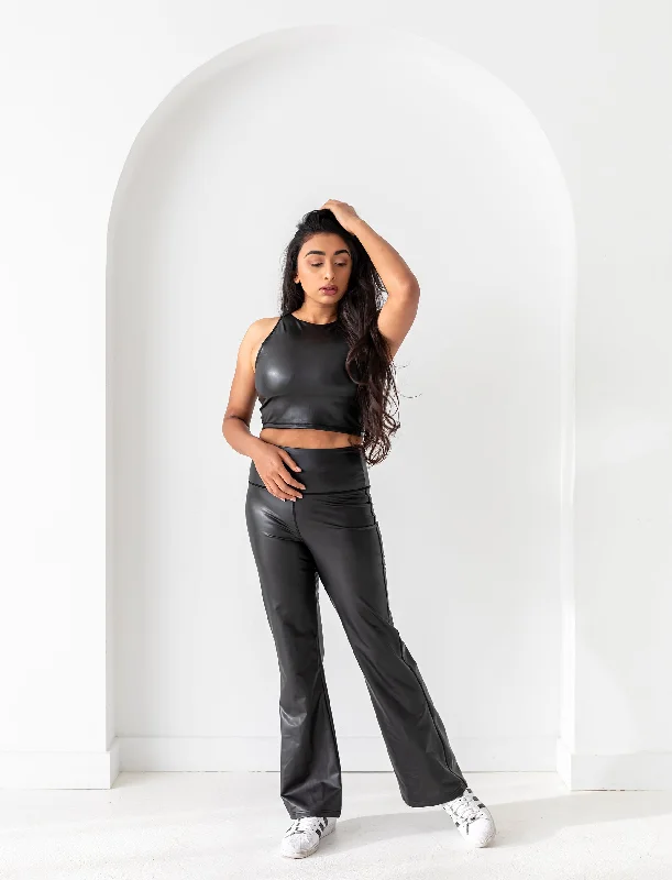 Women's Premium Yoga Pants -LADIES VEGAN LEATHER FLARED LEGGING