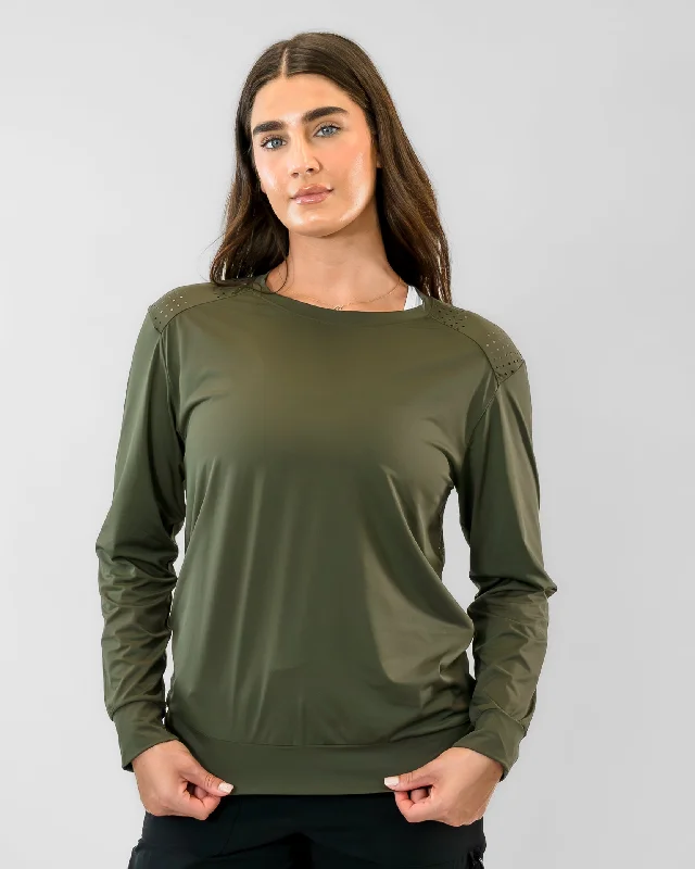 Stylish Yoga Tops for Fitness and Flexibility -Laser Cut Pullover - Olive