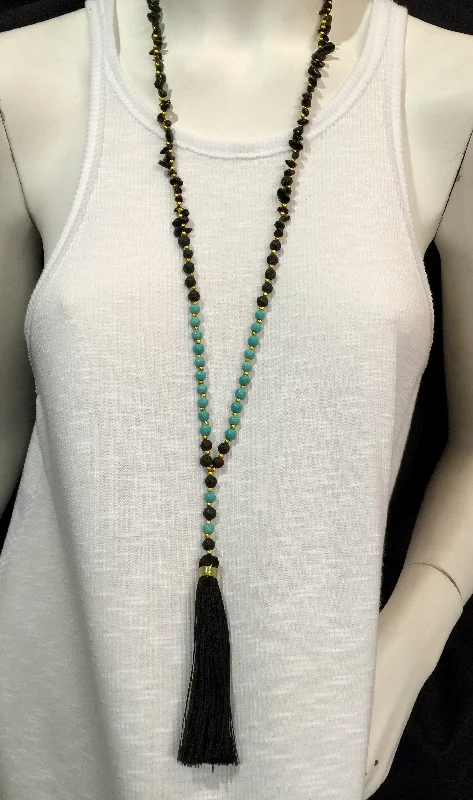 Stylish Yoga Shorts for Core Workouts -Lava Rock Stone Chips Tassel Necklace