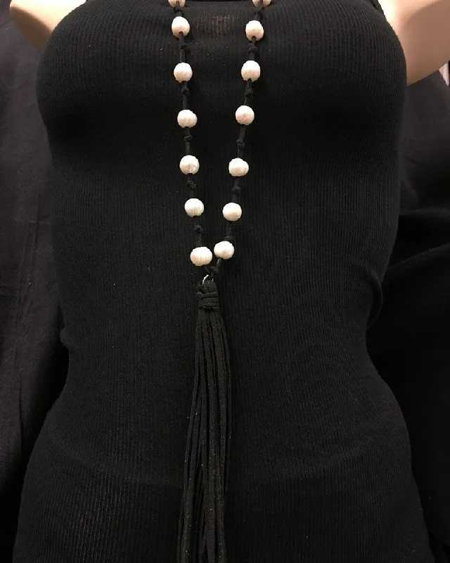 Yoga Shorts for Deep Stretch and Yoga -Leather and Knotted Freshwater Pearls and Tassel Necklace Black