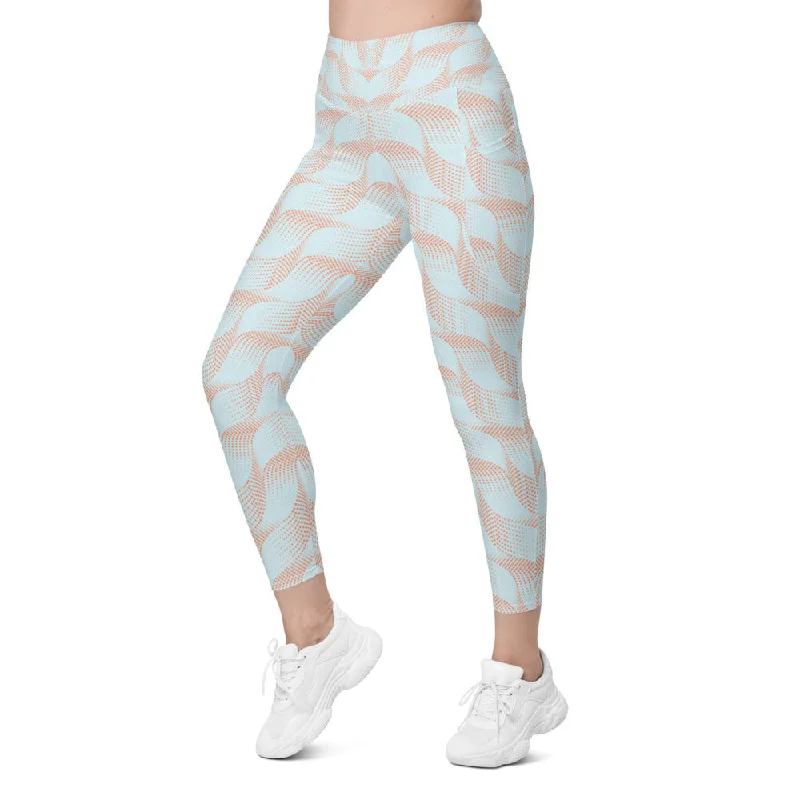 Yoga Pants for Full Movement -Light Blue & Apricot Wave Leggings with Pockets