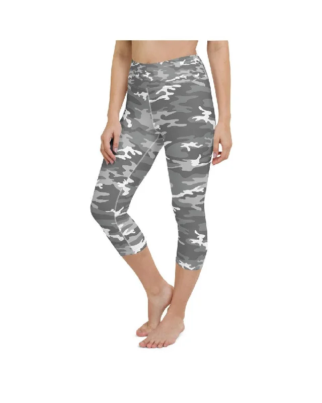 High-Waisted Yoga Pants for Extra Support -Light Grey Camo Yoga Capris