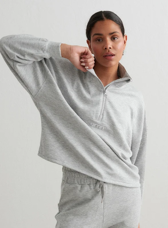 Fitted Yoga Tops for Yoga Class -Light Grey Melange Comfy Modal Half Zip