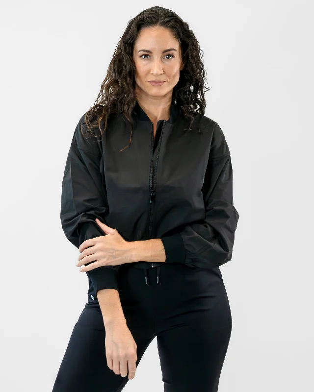 Women's Yoga Tops with High Coverage -Lightweight Bomber Jacket - Black