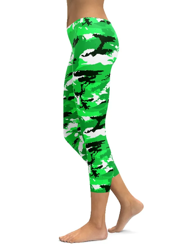 Comfortable Yoga Pants -Lime Green Camo Capris