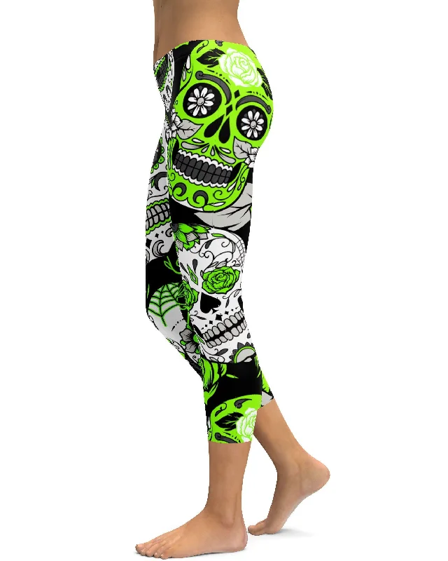 Flexible Yoga Pants for Home and Studio Use -Lime Green Sugar Skull Capris