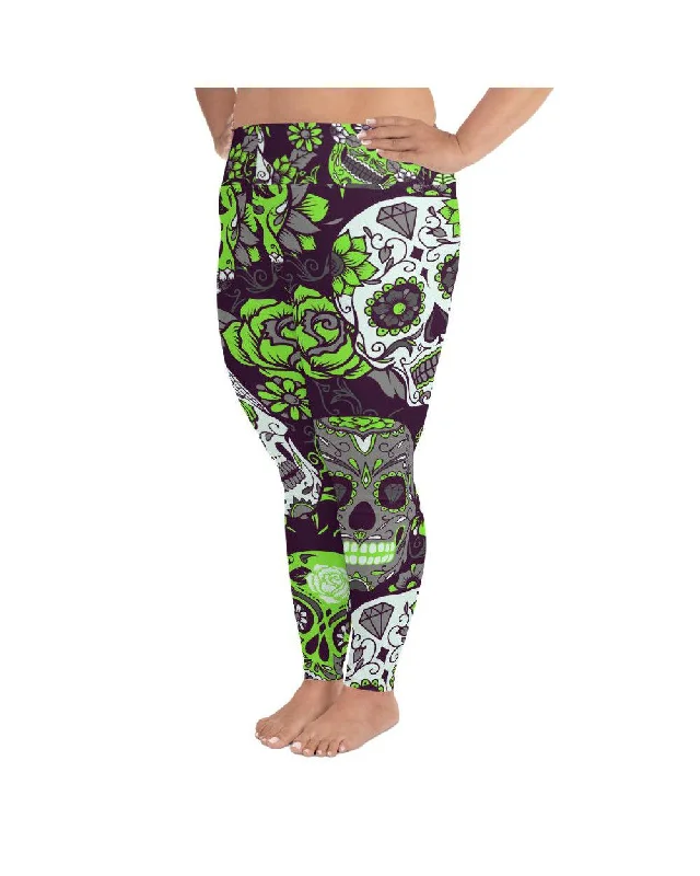 Yoga Pants for Flexibility and Endurance -Lime Green Sugar Skull Plus Size Leggings