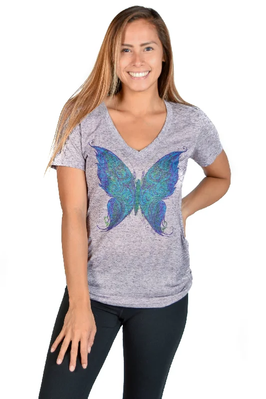 Yoga Tops for Warm Yoga Classes -Linen V neck with Spiritual Butterfly