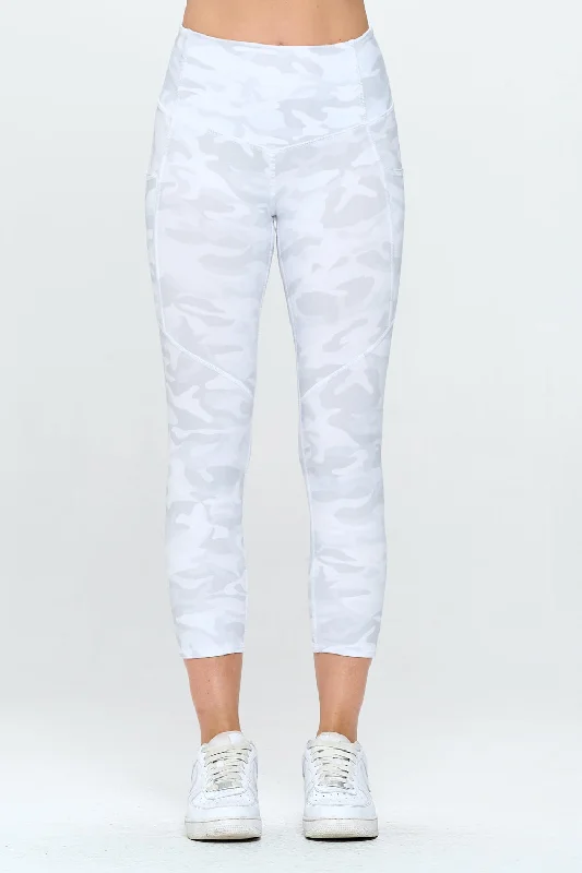 Yoga Pants for Stronger Poses -Liz Capri - Grey White Camo w Pockets Capri