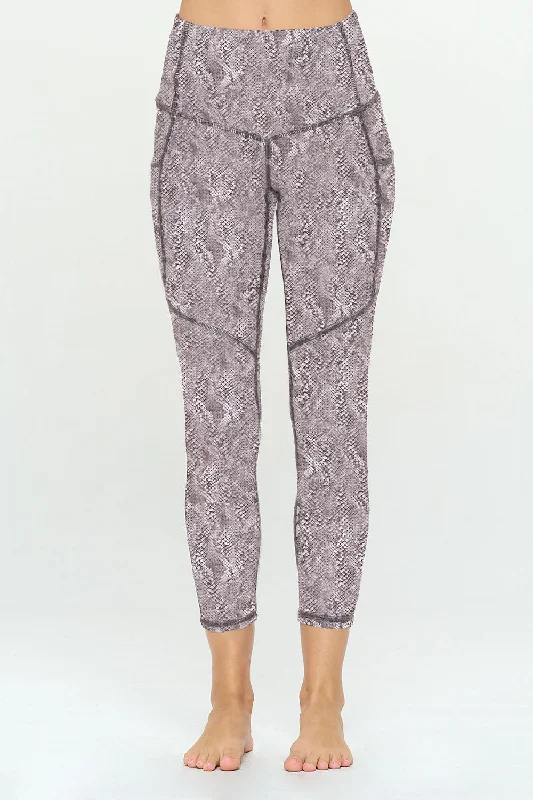 High-Waisted Yoga Pants for Comfort -Liz - White Snake Taupe w Pockets 7/8 Legging