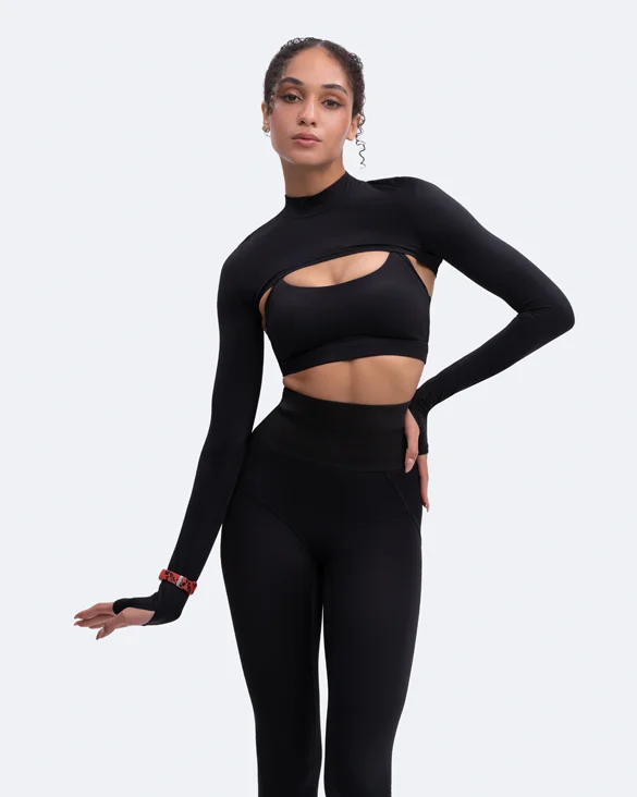 Women's Yoga Tops with Ribbed Fabric -Long Sleeve Crew Neck Shrug