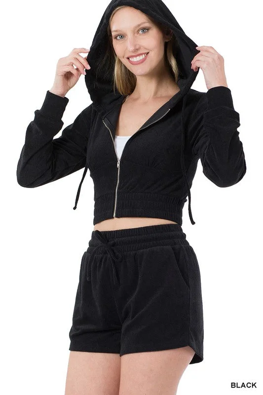 Yoga Shorts for Relaxation and Training -LOOP TERRY ZIP UP CROPPED HOODIE & SHORTS SET Yoga Shorts for Relaxation and Training -LOOP TERRY ZIP UP CROPPED HOODIE & SHORTS SET