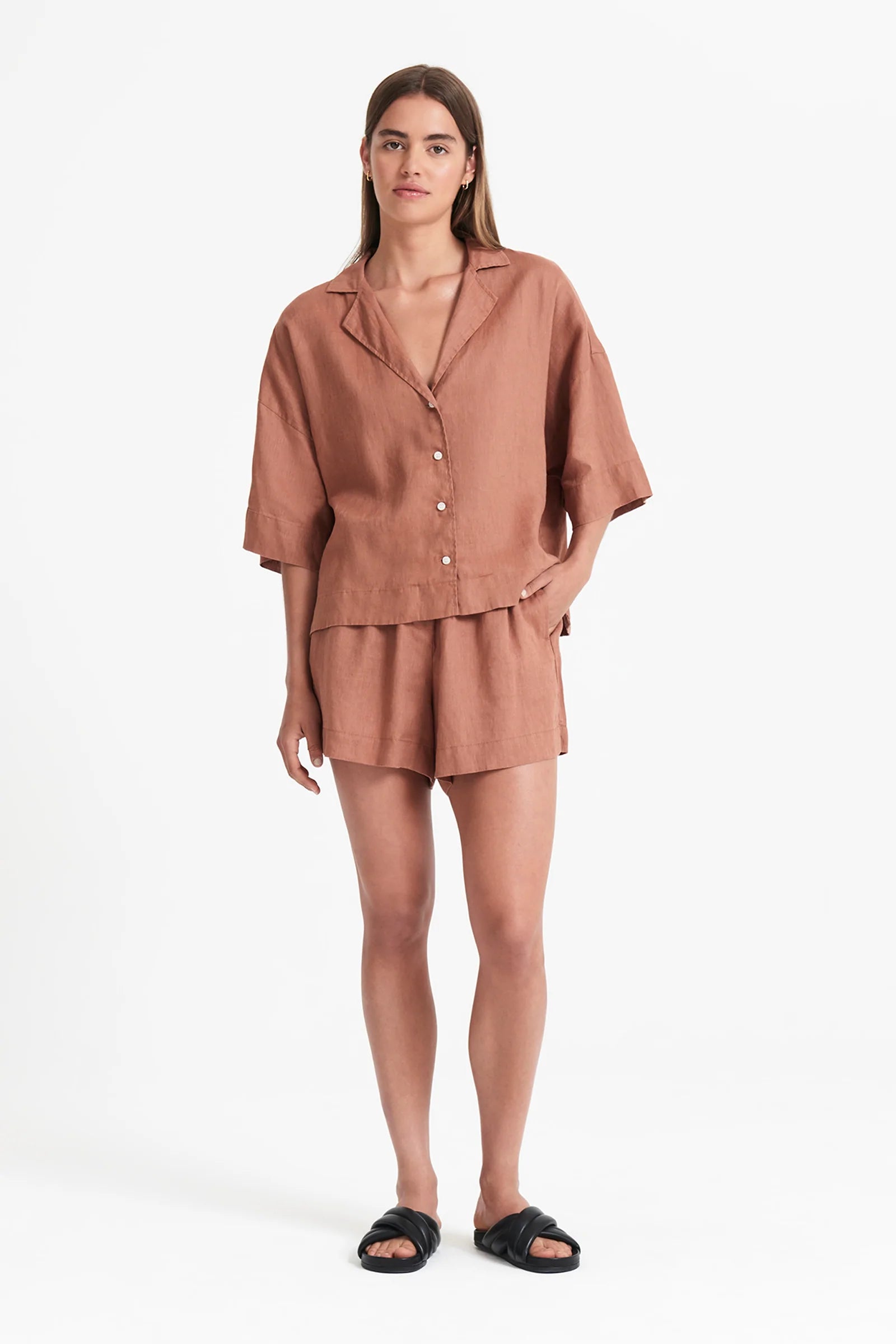 Yoga Shorts for Full Flexibility Movement -Lounge Linen Short- Terracotta