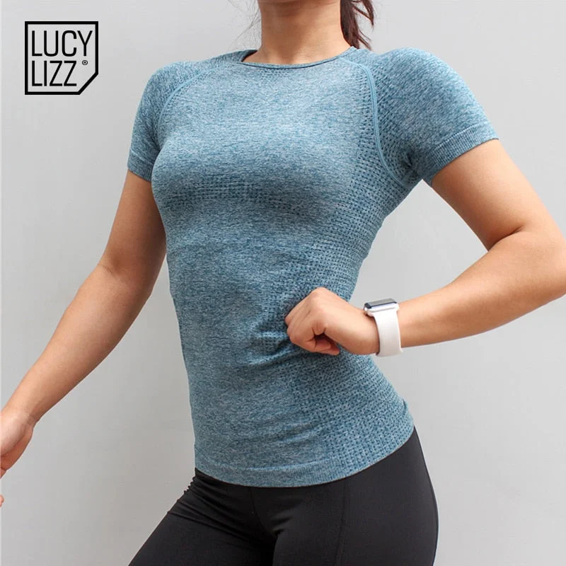 Yoga Tops for Full Support -Lucylizz Fitness Women Seamless Sport Shirt Sports Wear For Women Gym Running Top Short Sleeve Yoga Workout Tops