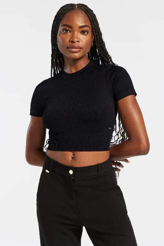 Yoga Tops with Breathable Fabric for Hot Weather -Luna Sculpt Rib Short Sleeve - Black