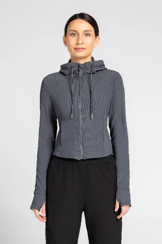 Women's Yoga Tops with Ribbed Fabric -Maddy Ottoman Zip-Up Hooded Jacket