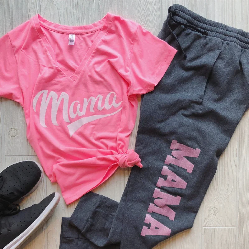 High-Waisted Yoga Pants for Full Comfort -MAMA Joggers • Charcoal & Pink Shimmer