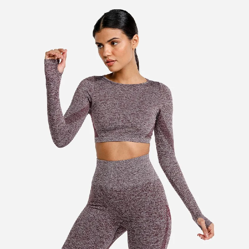 Yoga Tops for Yoga and Exercise Classes -Marl Seamless Crop Top - Burgundy
