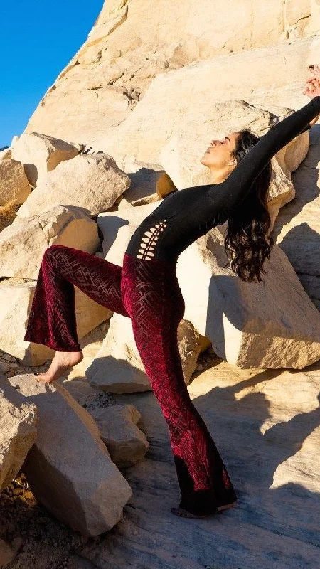 Yoga Pants for Sculpting -Maroon Chevron Burnout Velvet Slim Bells
