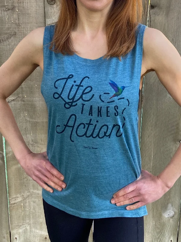 Women's Yoga Tops with Full Coverage Support -Life Takes Action Hummingbird Boyfriend Tee Women's Yoga Tops with Full Coverage Support -Life Takes Action Hummingbird Boyfriend Tee