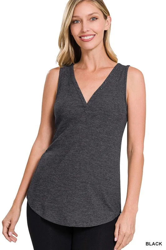Performance Yoga Shorts for Women -Zenana MELANGE RIBBED BUTTON CLOSURE V-NECK TOP