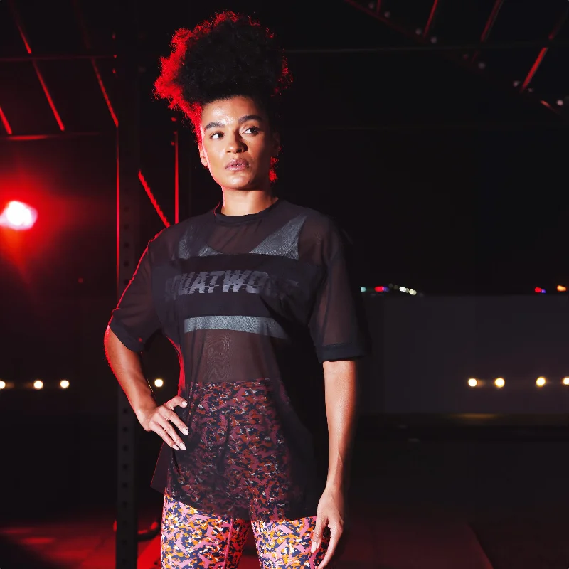 Yoga Tops with Built-In Support -Mesh Glitch Tee - Black