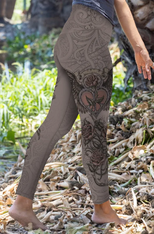 Full-Length Yoga Pants for Women -Mia - Wet Sand - Floral Wings - 7/8 Legging (High-Waist) - LIMITED EDITION Full-Length Yoga Pants for Women -Mia - Wet Sand - Floral Wings - 7/8 Legging (High-Waist) - LIMITED EDITION