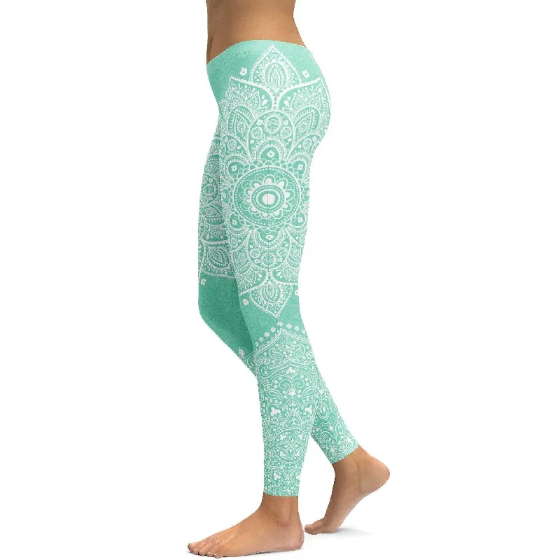 Yoga Pants with Pockets -Mint Green Mandala Leggings
