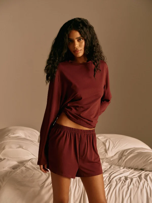 Yoga Tops for High Support and Comfort -Modal Long Sleeve T-shirt - Burgundy