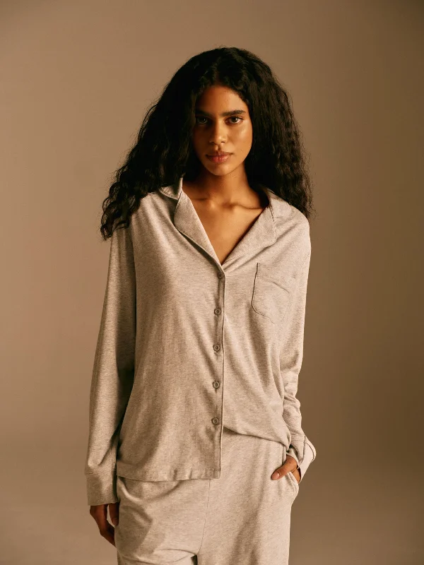 Women's Yoga Tops for Flexibility and Comfort -Modal Pyjama Shirt - Light Grey Melange