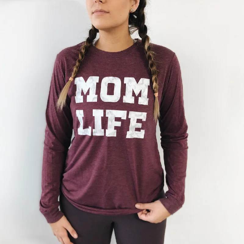Women's Yoga Tops for Easy Flexibility -MOM LIFE Marble • Heather Maroon Long Sleeve