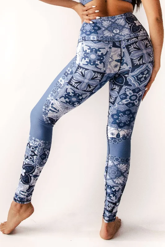 Full-Length Yoga Pants with High Waist -Mosaic In Blue Printed Yoga Leggings