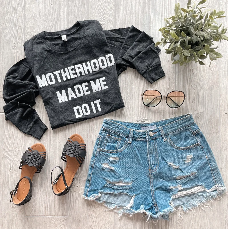Women's Yoga Tops with Performance Features -Motherhood Made Me • Heather Black Tri-blend Long Sleeve