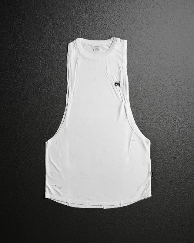 Women's Yoga Tops for Power Yoga -MOTO DISTRESSED BRO TANK - WHITE