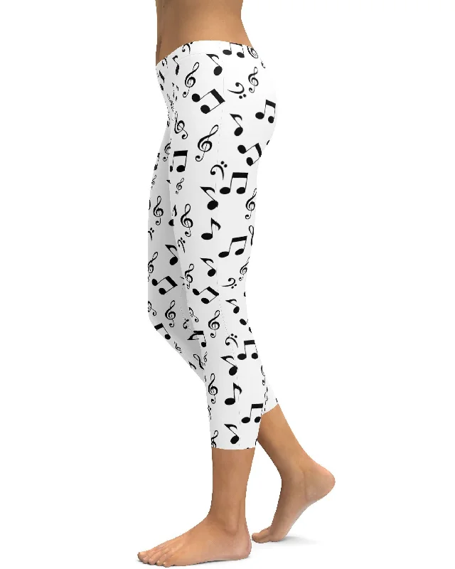 Soft, Stretchable Yoga Pants for Women -Music Notes White Capris