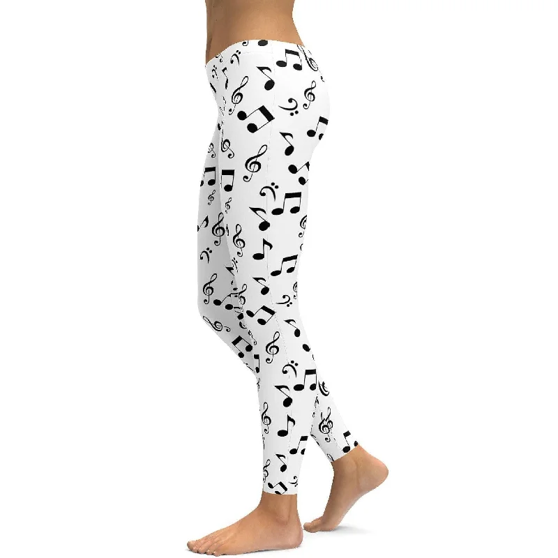 Slim Fit Yoga Pants -Music Notes White Leggings