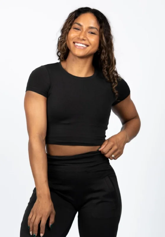 Yoga Tops for Hot Yoga -Reluna Short Sleeve Crop Black
